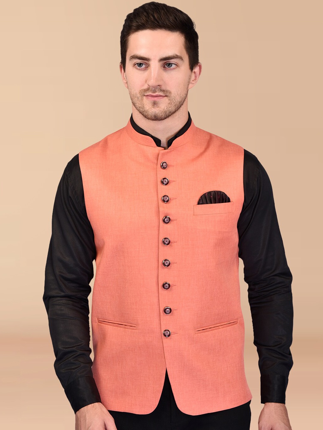 

PRINTCULTR Mandarin Collar Nehru Jacket, Orange
