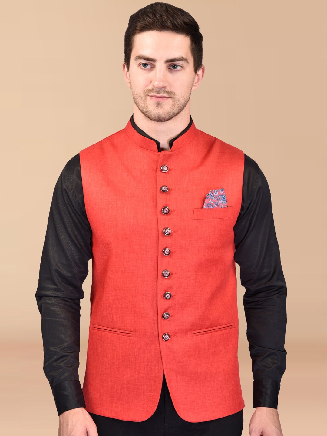 

PRINTCULTR Mandarin Collar Woven Nehru Jackets, Red