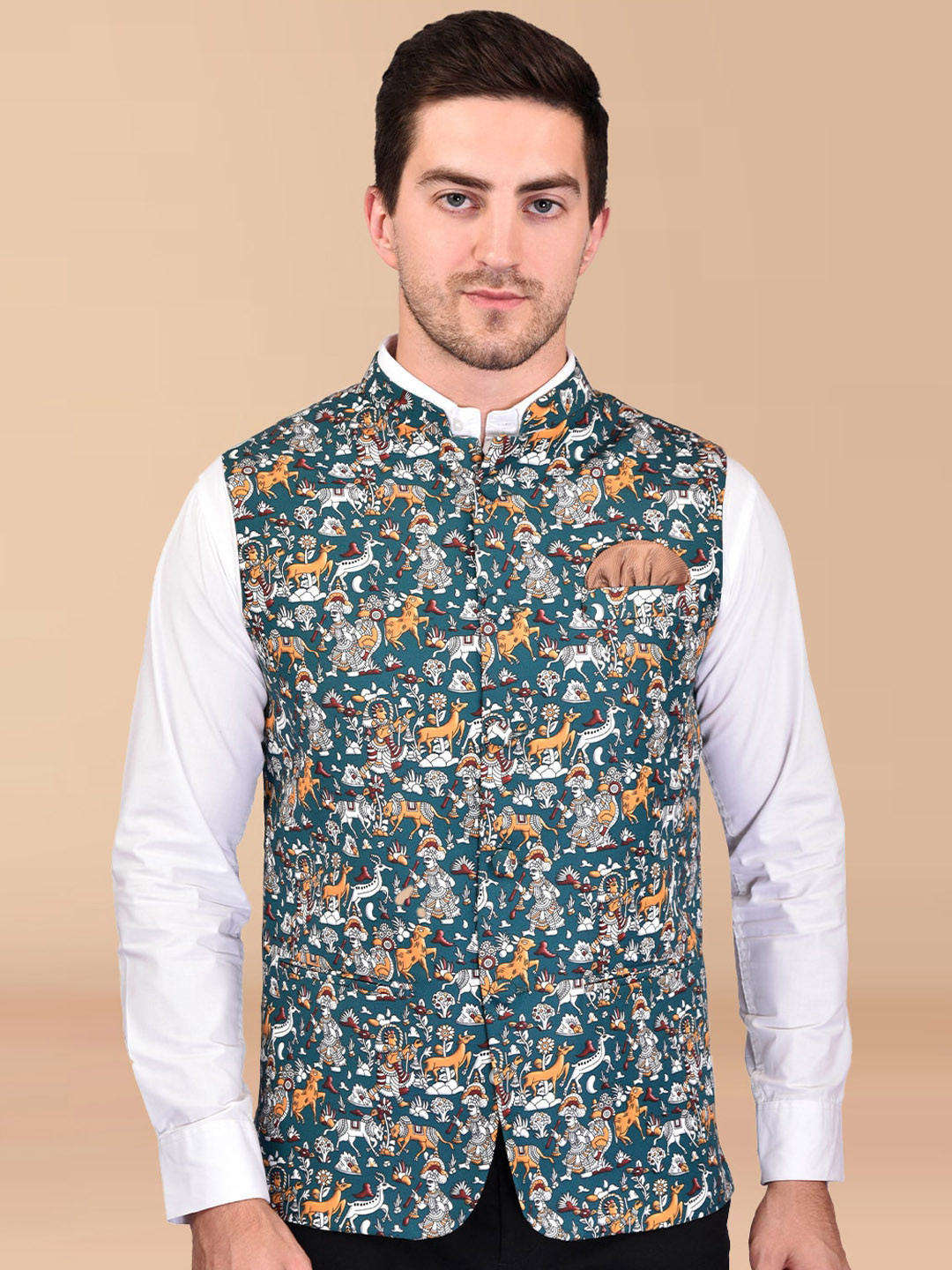 

PRINTCULTR Ethnic Motifs Printed Mandarin Collar Nehru Jacket, Teal
