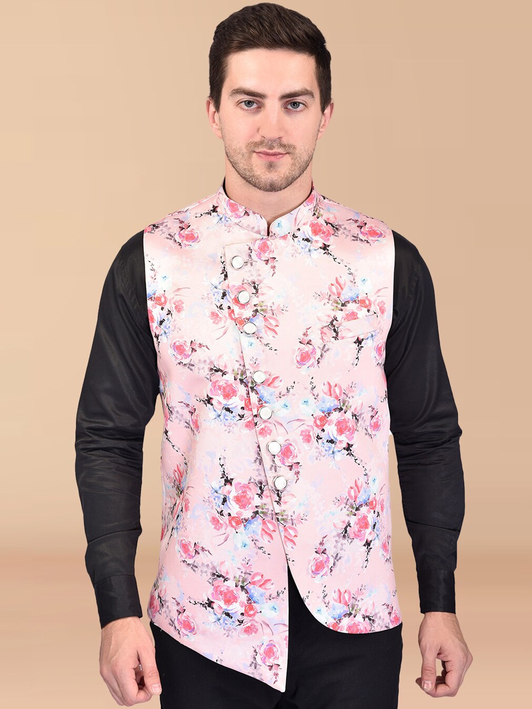 

PRINTCULTR Printed Woven Mandarin Collar Nehru Jacket, Pink