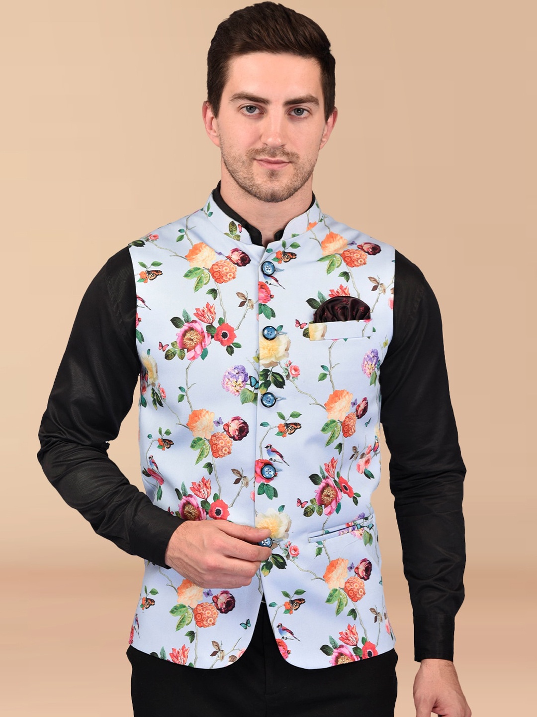 

PRINTCULTR Floral Printed Nehru Jackets, Blue