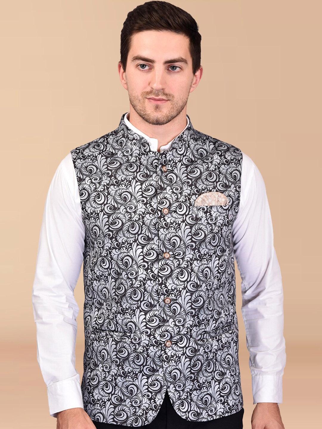 

PRINTCULTR Mandarin Collar Printed Nehru Jacket, Black