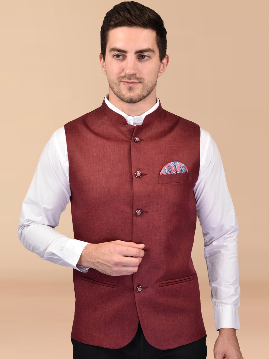

PRINTCULTR Mandarin Collar Sleeveless Nehru Jacket, Brown