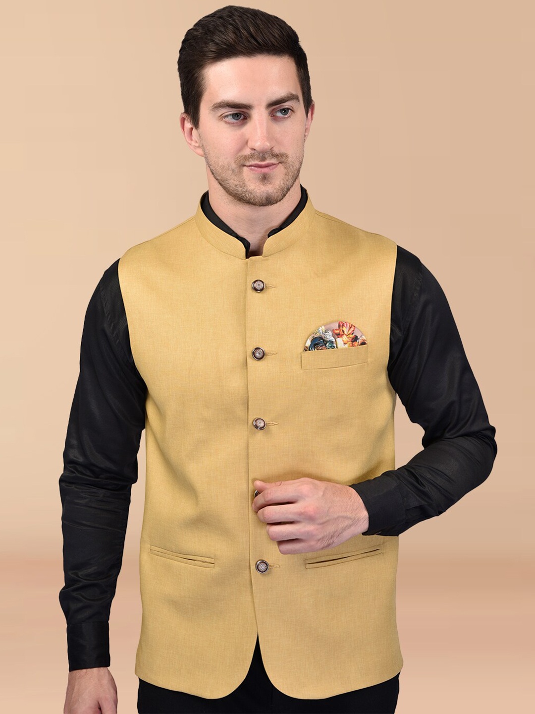 

PRINTCULTR Mandarin Collar Nehru Jacket, Yellow