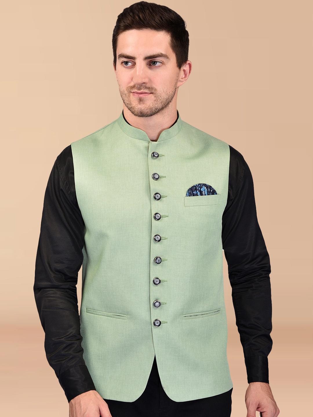 

PRINTCULTR Mandarin Collar Woven Nehru Jackets, Green