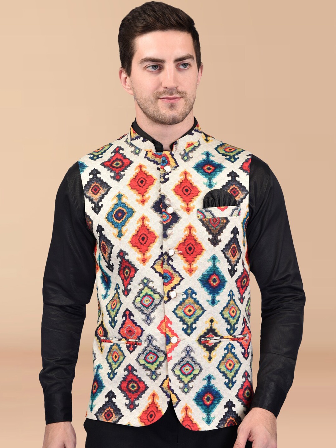 

PRINTCULTR Geometric Printed Nehru Jackets, Beige