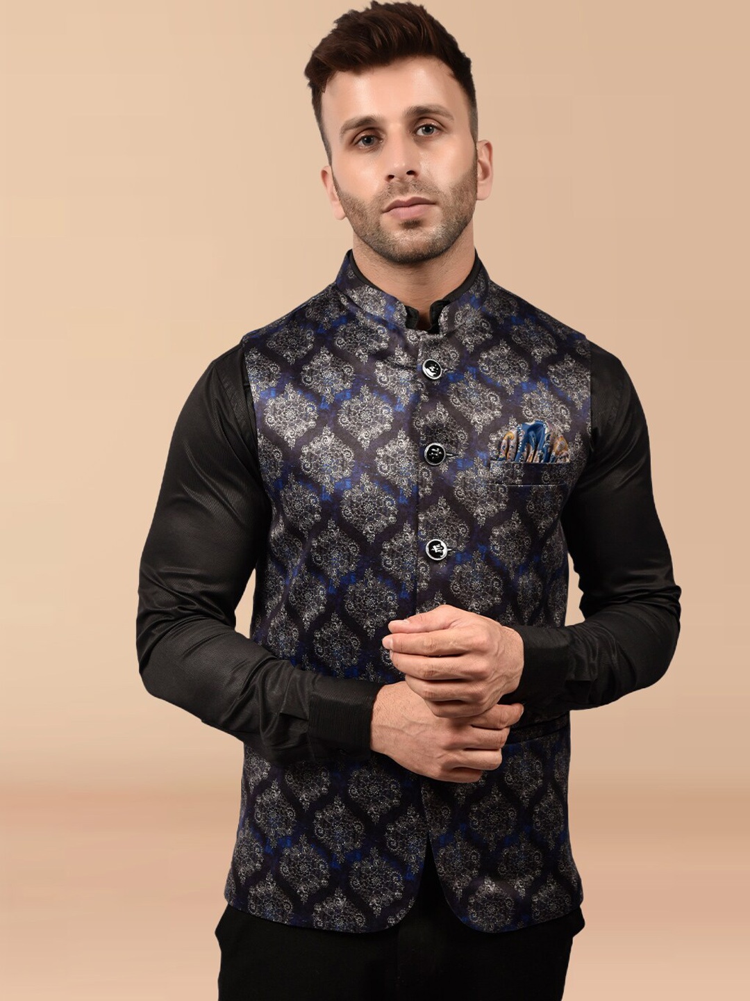 

PRINTCULTR Printed Nehru Jacket, Black