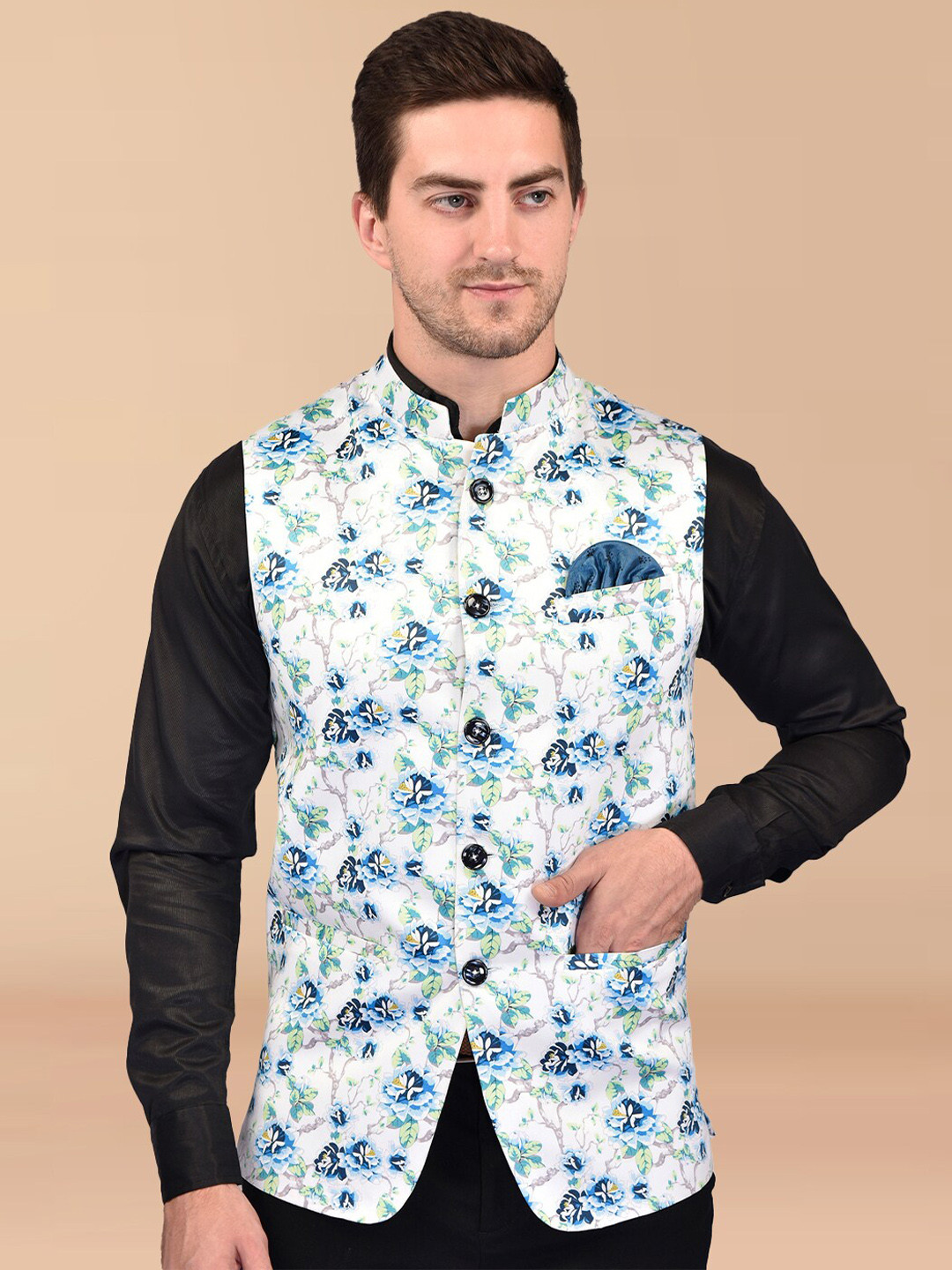 

PRINTCULTR Mandarin Collar Printed Nehru Jacket, Blue