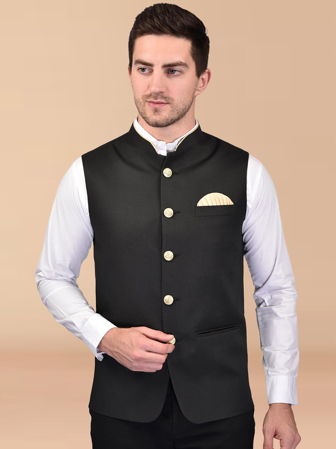 

PRINTCULTR Mandarin Collar Nehru Jacket, Black