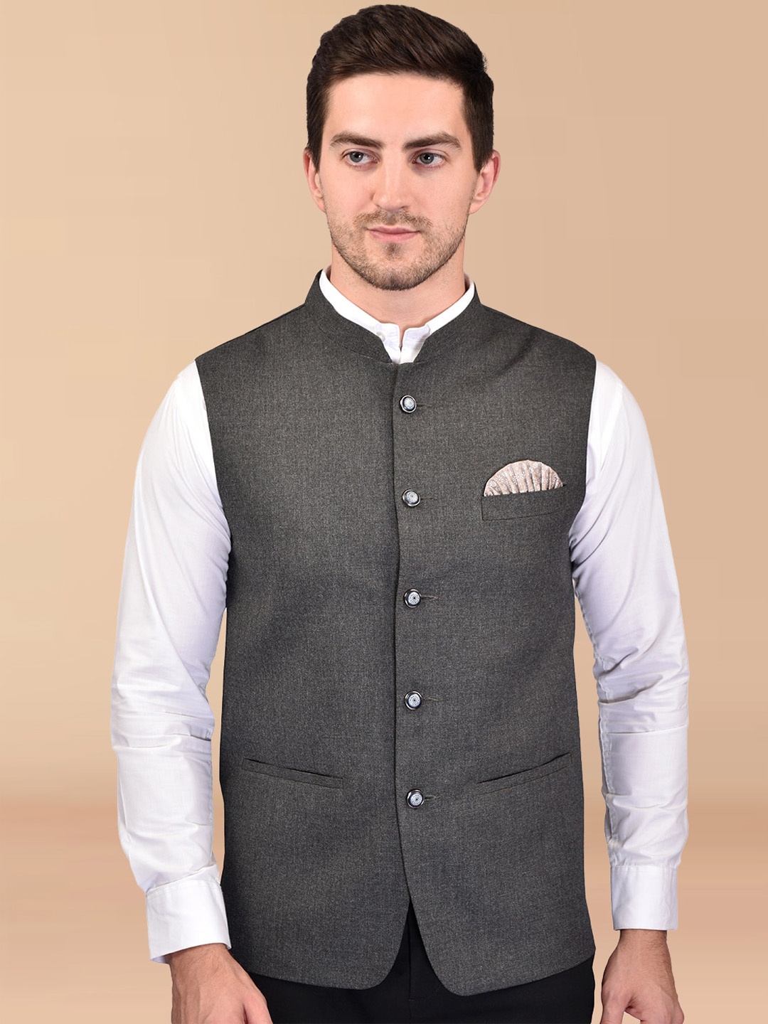 

PRINTCULTR Mandarin Collar Sleeveless Nehru Jacket, Black