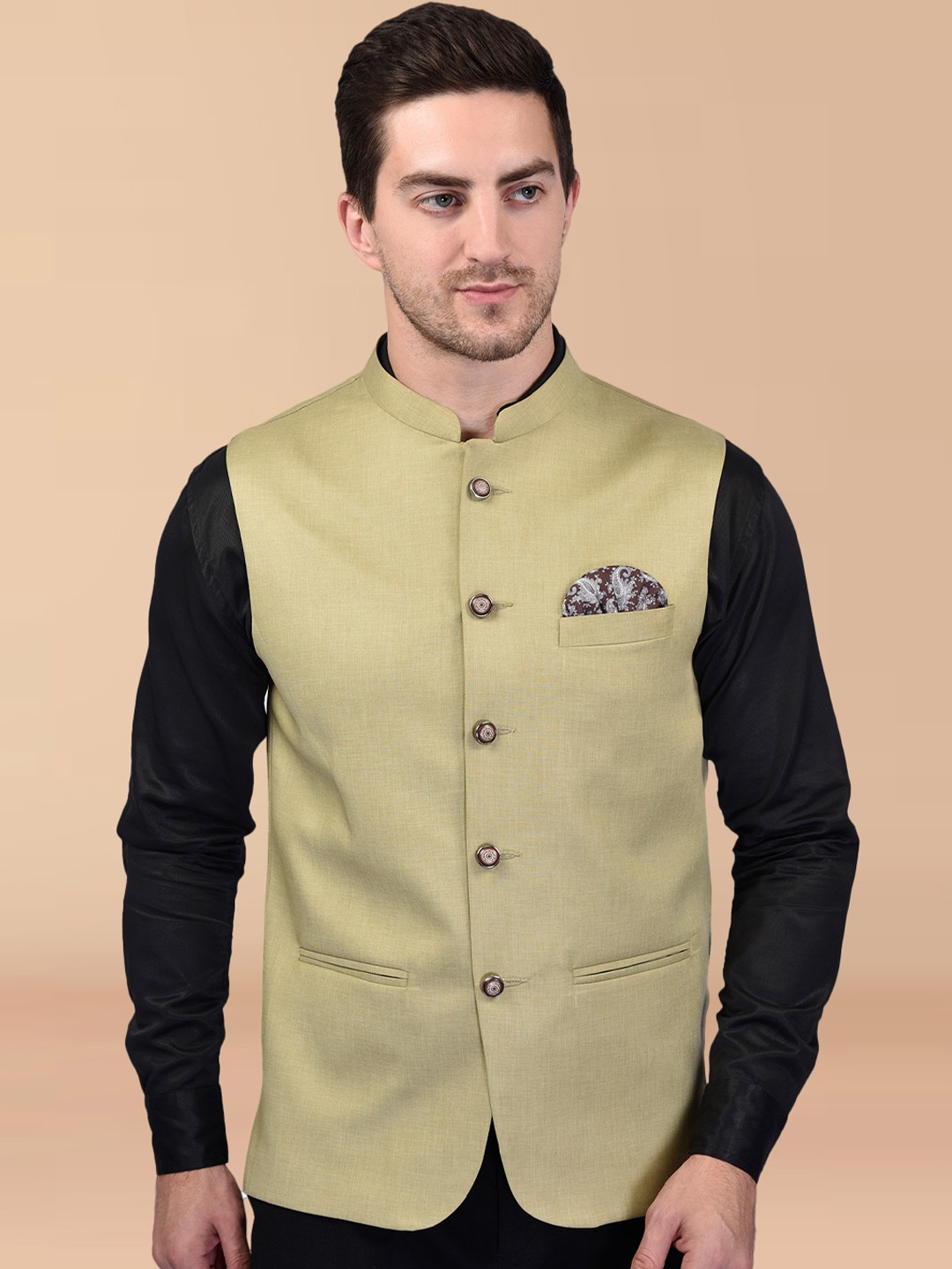 

PRINTCULTR Mandarin Collar Nehru Jacket, Beige
