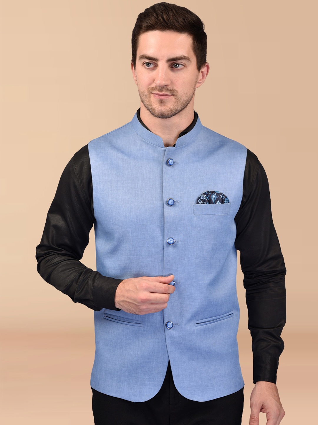 

PRINTCULTR Mandarin Collar Sleeveless Nehru Jacket, Blue