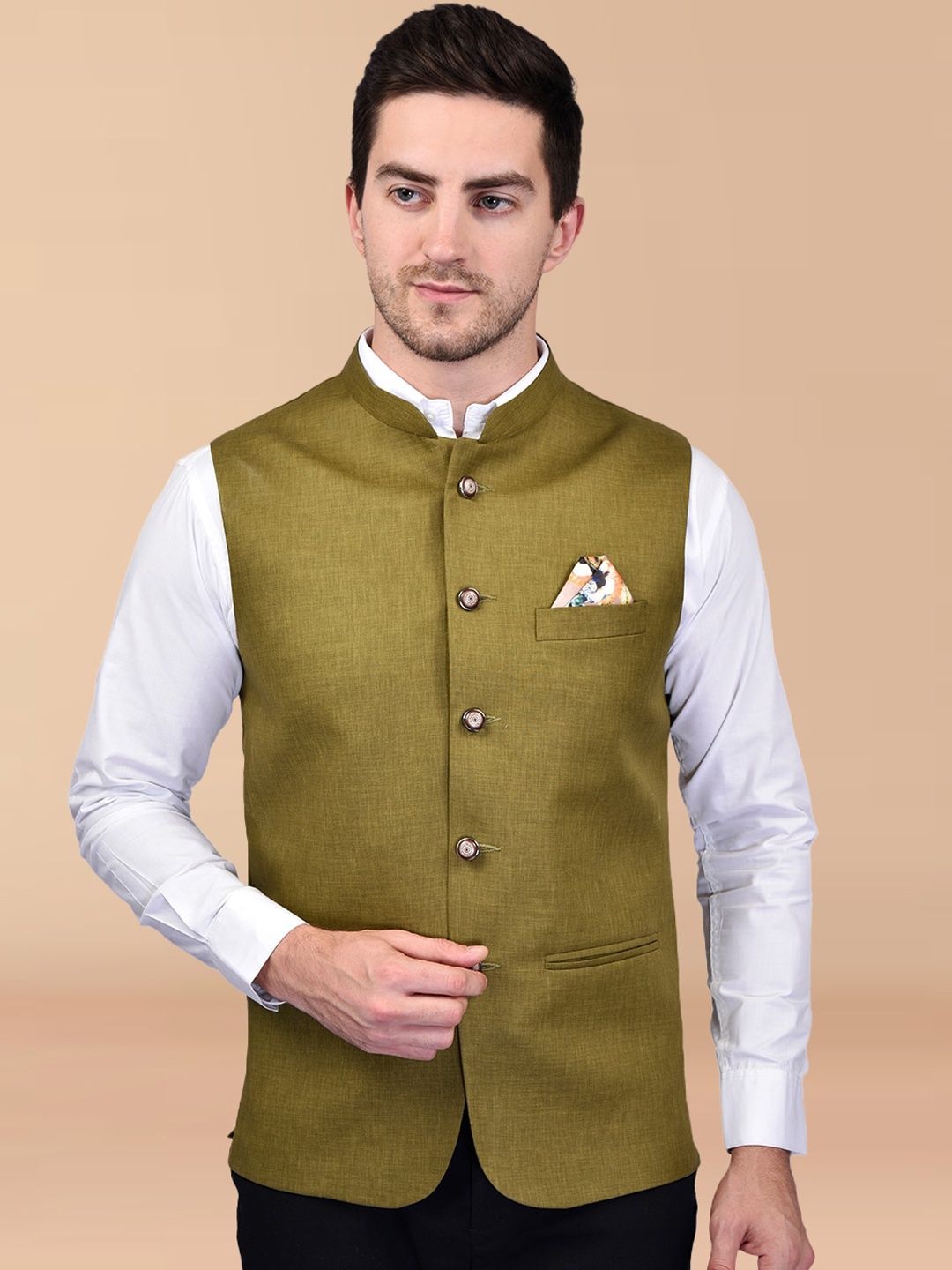 

PRINTCULTR Mandarin Collar Nehru Jacket, Olive