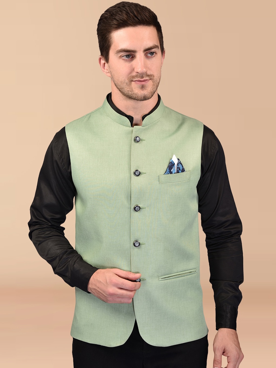 

PRINTCULTR Mandarin Collar Sleeveless Nehru Jacket, Green