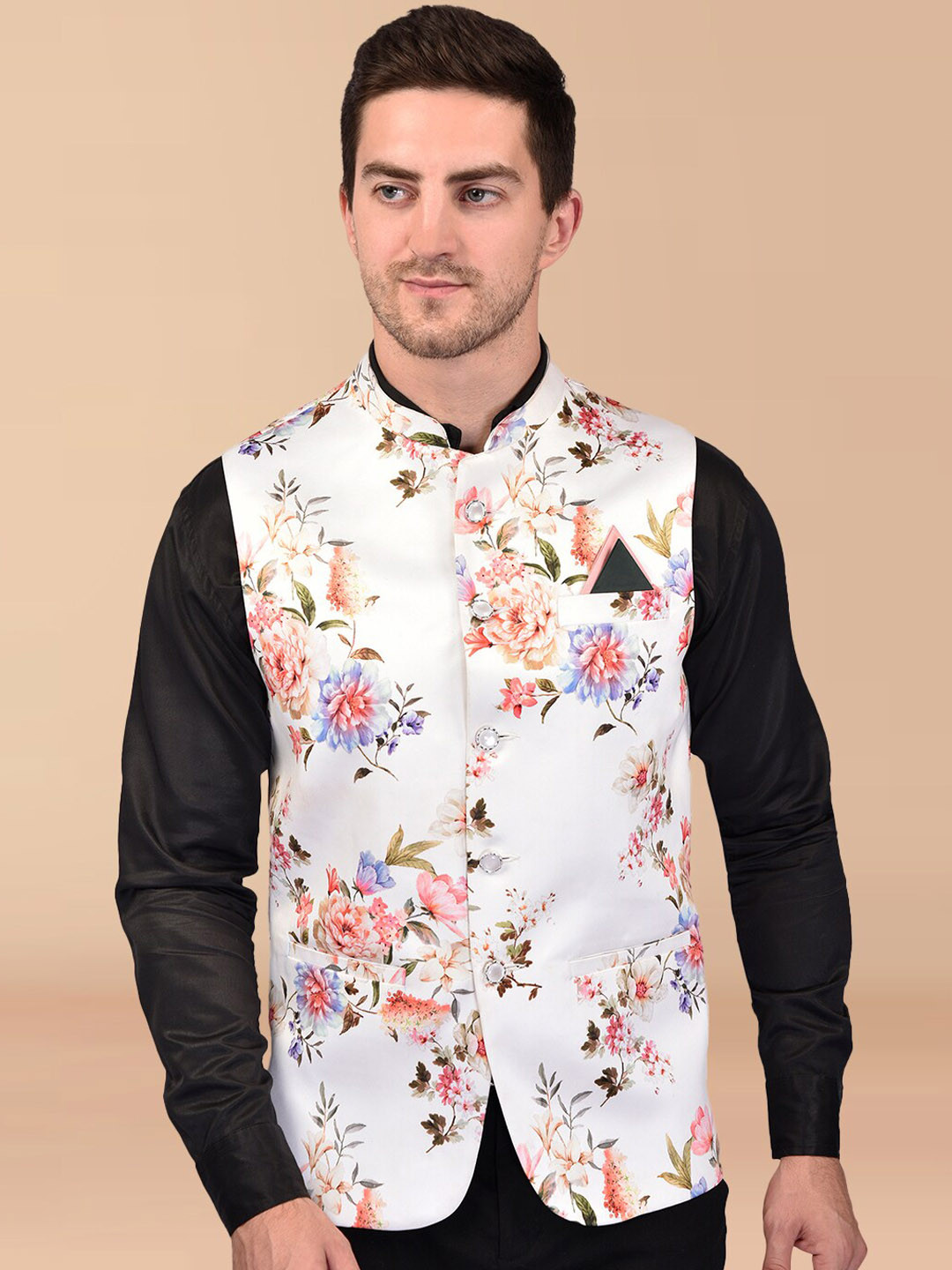 

PRINTCULTR Floral Printed Mandarin Collar Nehru Jacket, White