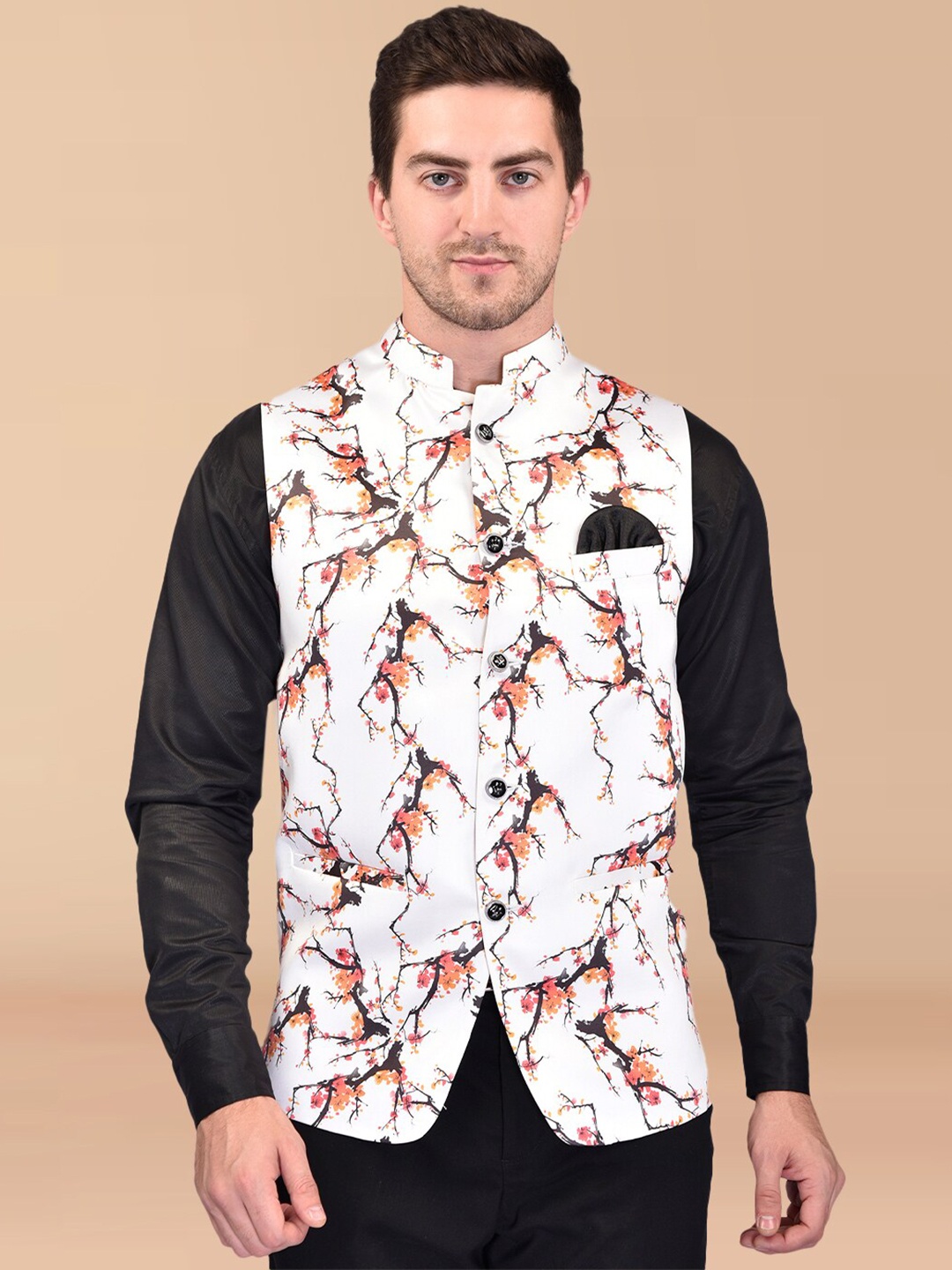 

PRINTCULTR Printed Mandarin Collar Nehru Jackets, White