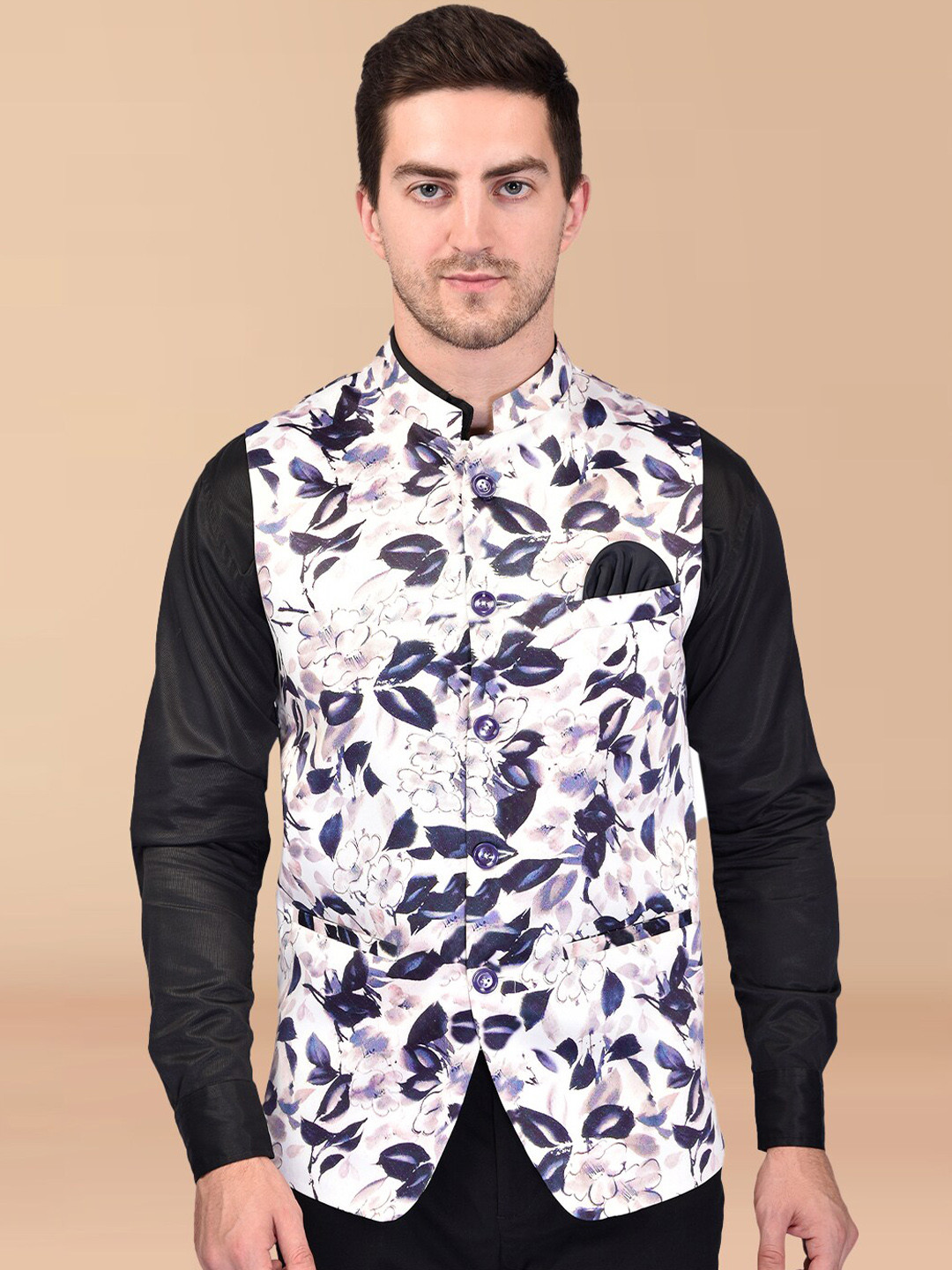 

PRINTCULTR Floral Printed Woven Nehru Jackets, White