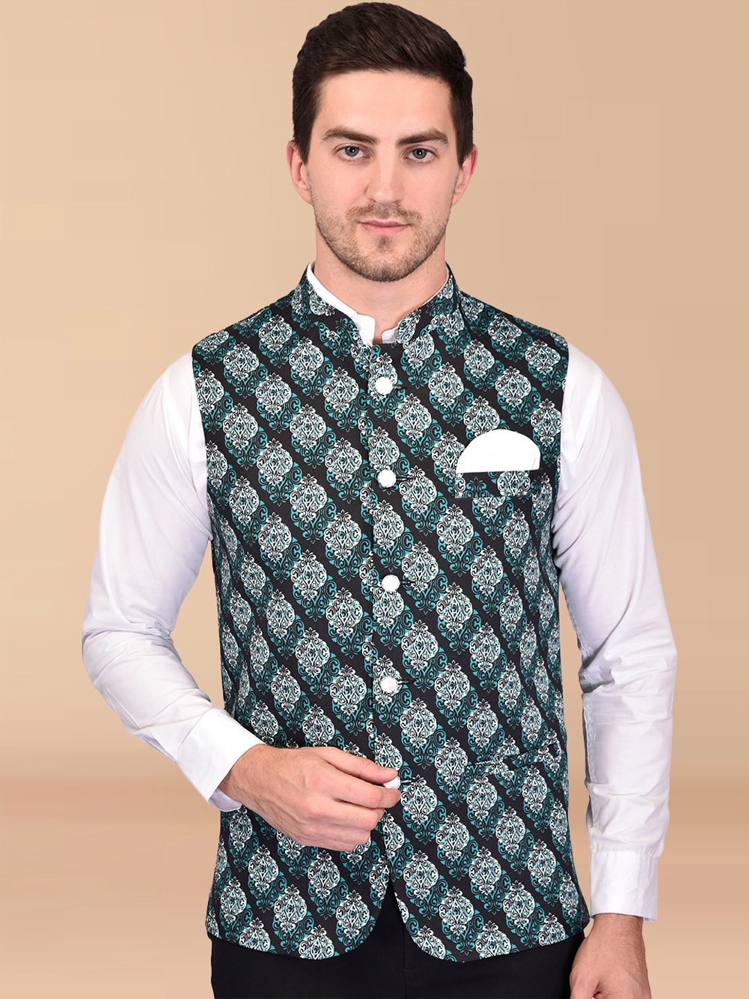 

PRINTCULTR Ethnic Motifs Printed Mandarin Collar Nehru Jacket, Black