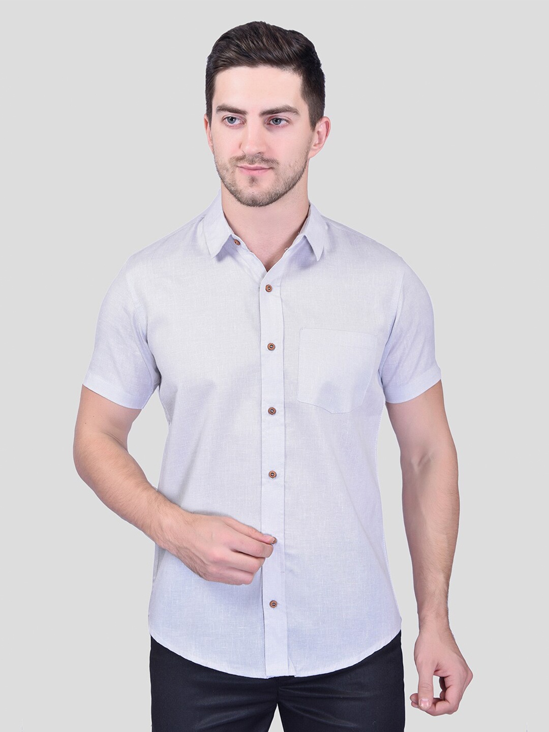 

PRINTCULTR Classic Spread Collar Short Sleeves Cotton Linen Casual Shirt, Grey