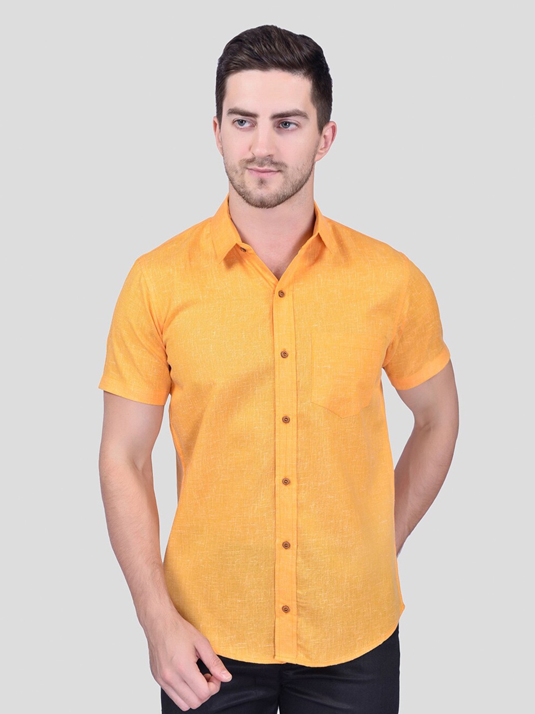 

PRINTCULTR Classic Spread Collar Short Sleeves Cotton Linen Casual Shirt, Yellow