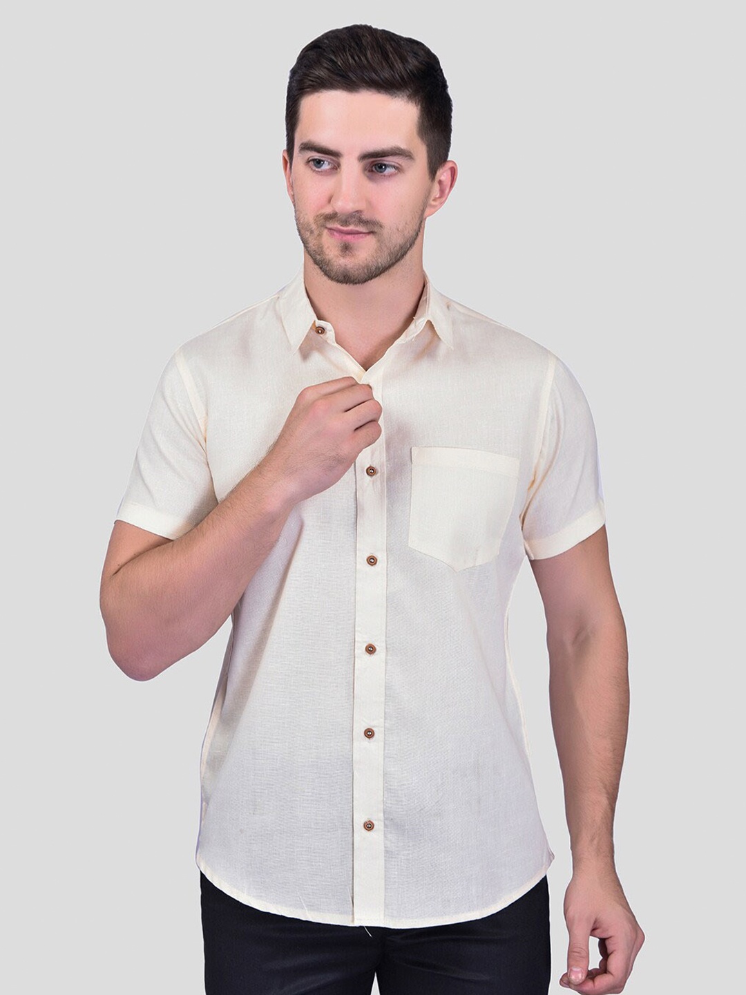 

PRINTCULTR Classic Cotton Linen Casual Shirt, Cream