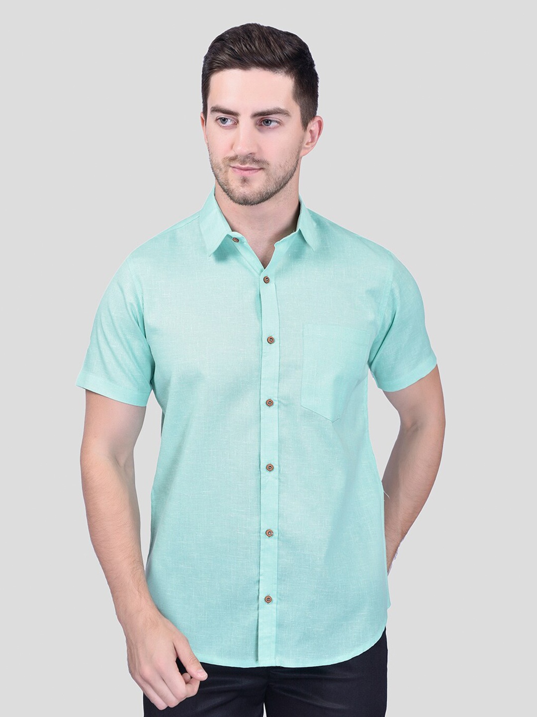 

PRINTCULTR Classic Spread Collar Short Sleeves Cotton Linen Casual Shirt, Blue