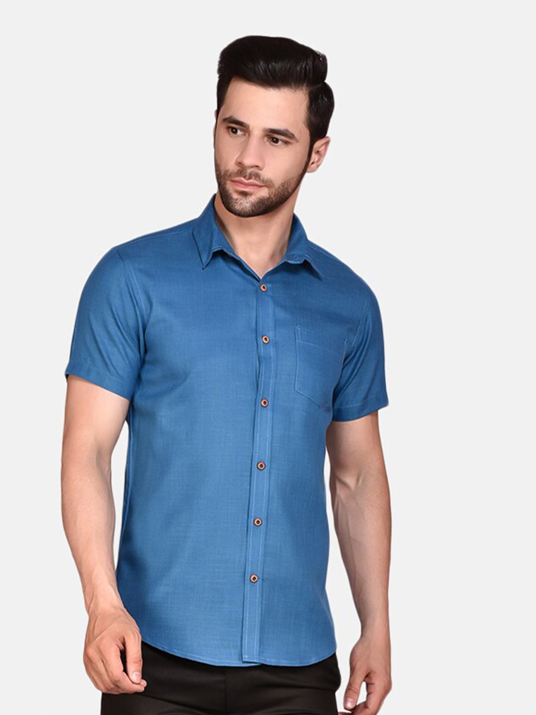 

PRINTCULTR Classic Spread Collar Short Sleeves Cotton Linen Casual Shirt, Blue