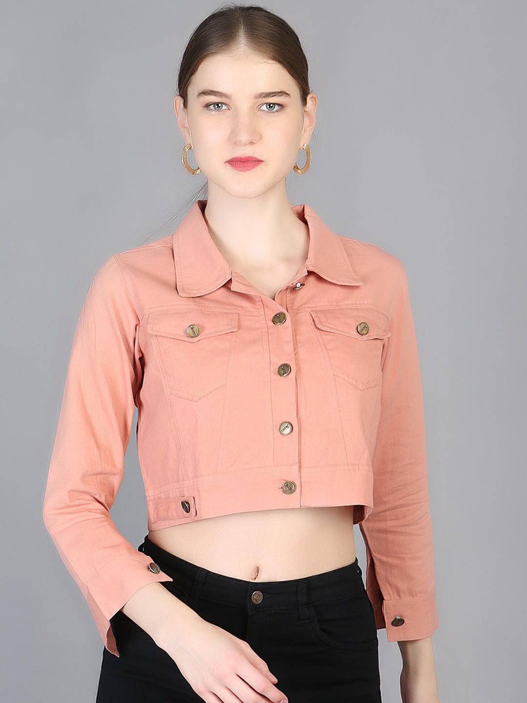 

Chemistry Spread Collar Cotton Denim Crop Jacket, Peach