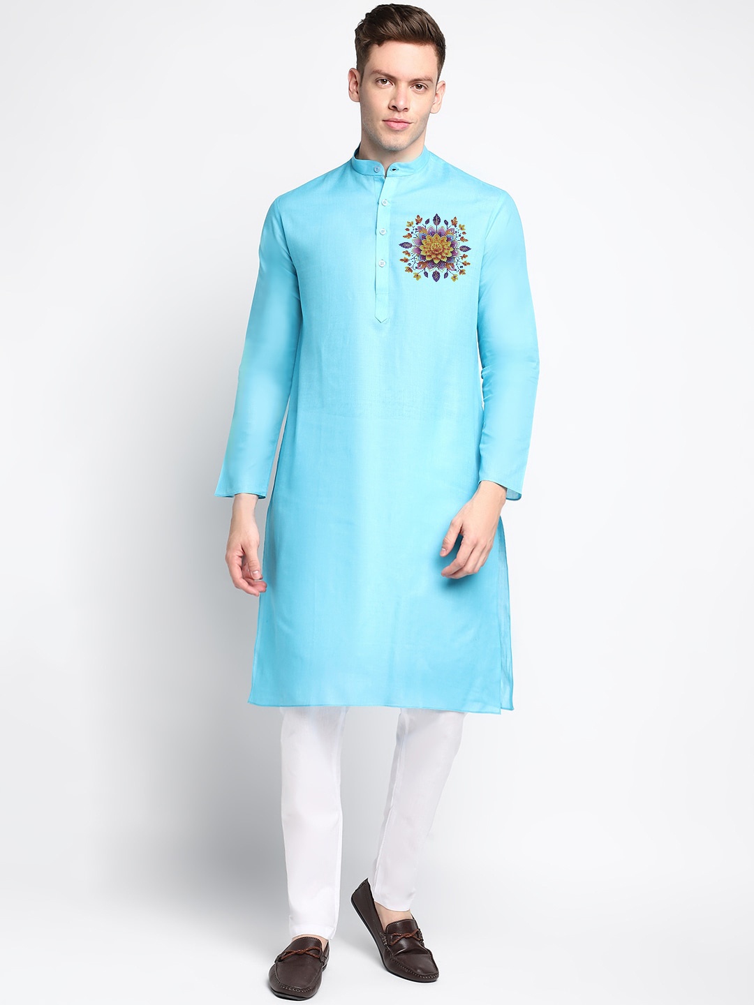 

DEVOILER Ethnic Motifs Printed Mandarin Collar Long Sleeves Straight Kurta, Turquoise blue