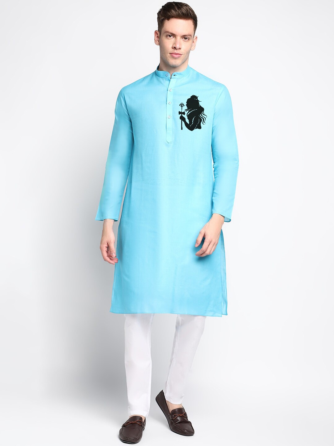 

DEVOILER Ethnic Motifs Digital Printed Band Collar Kurta, Blue