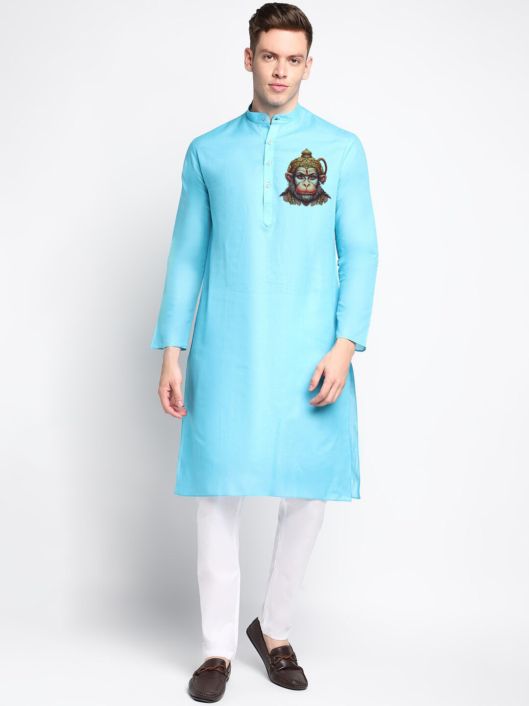 

DEVOILER Ethnic Motifs Digital Printed Band Collar Straight Kurta, Blue