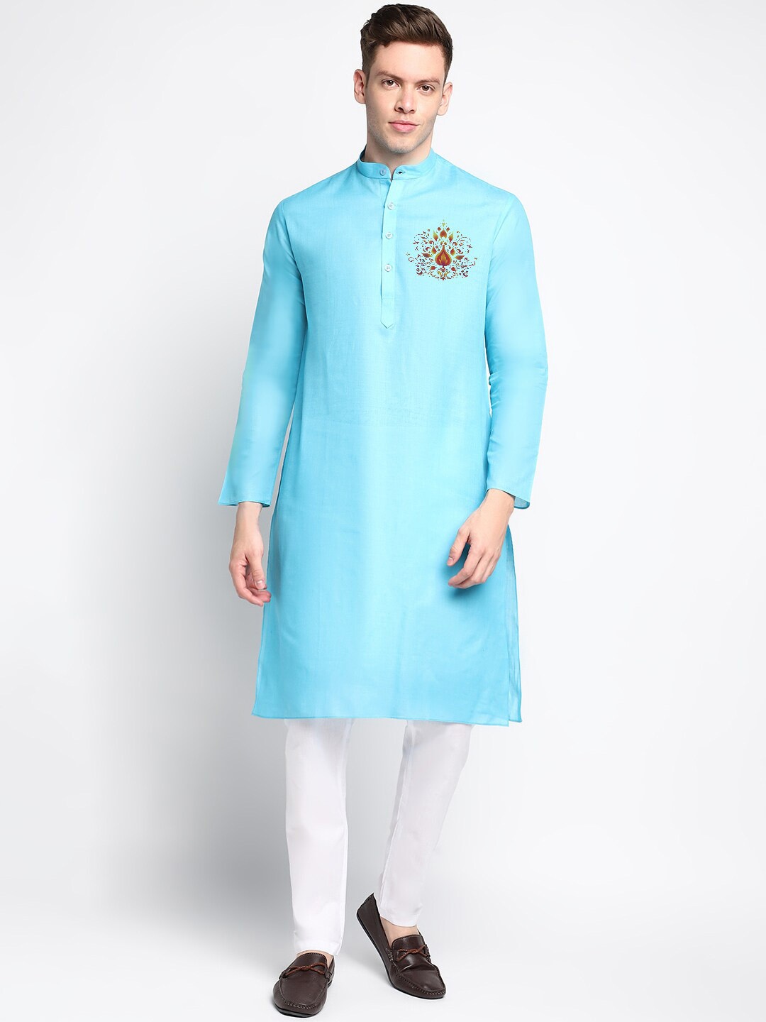 

DEVOILER Ethnic Motifs Printed Band Collar Straight Kurta, Blue