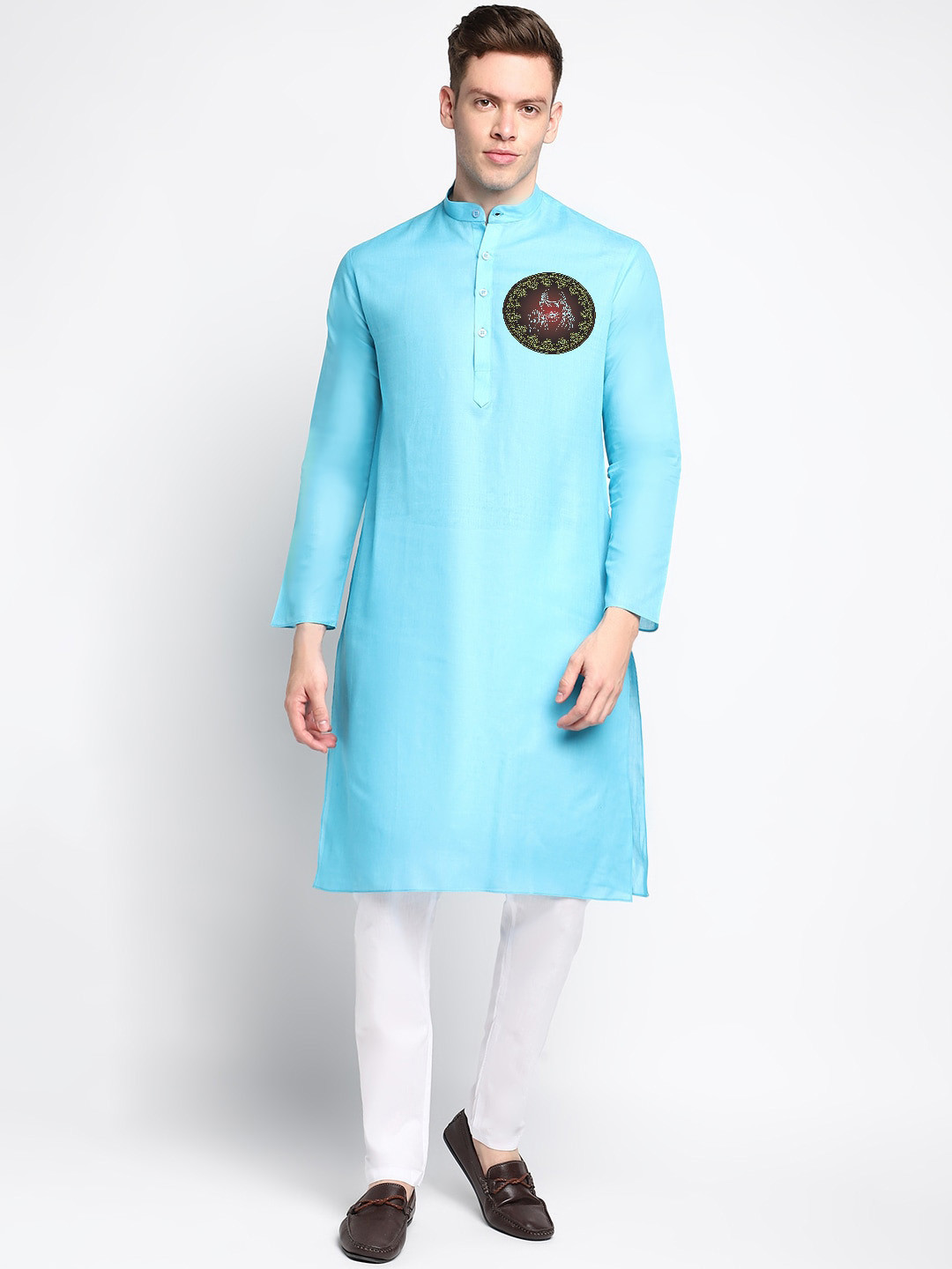 

DEVOILER Ethnic Motifs Printed Band Collar Straight Kurta, Blue