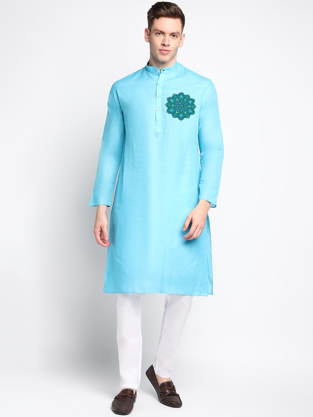 

DEVOILER Ethnic Motifs Printed Band Collar Straight Kurta, Blue