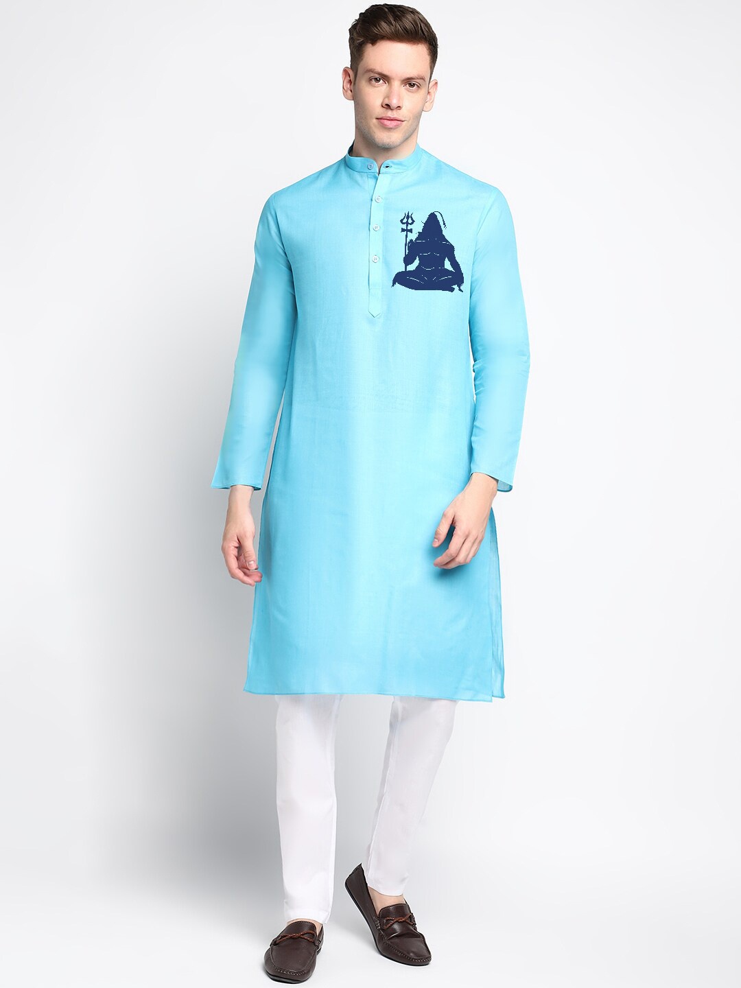 

DEVOILER Ethnic Motifs Printed Band Collar Straight Kurta, Blue
