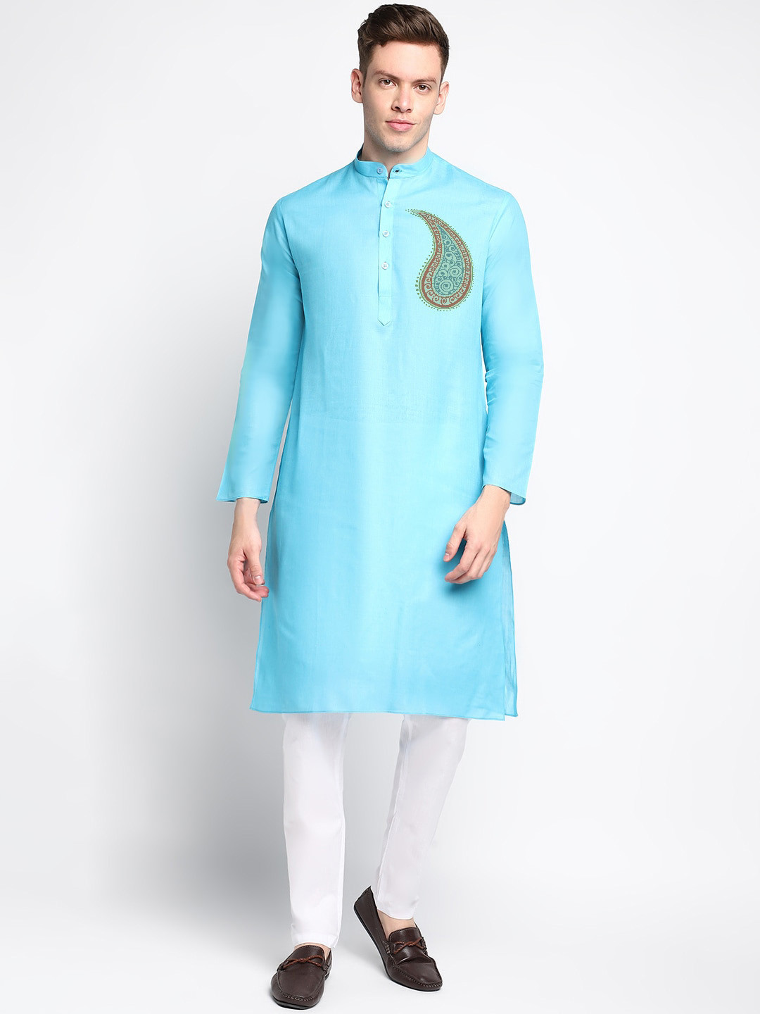 

DEVOILER Ethnic Motifs Printed Mandarin Collar Kurta With Pyjamas, Blue