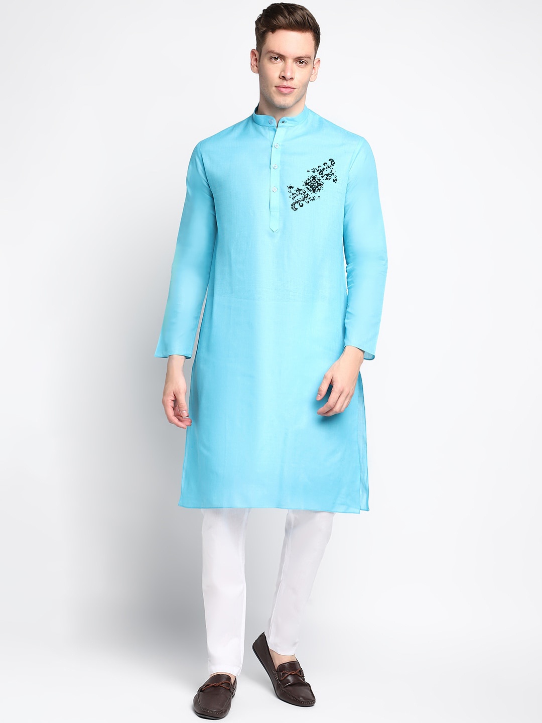 

DEVOILER Ethnic Motifs Printed Mandarin Collar Kurta With Pyjamas, Blue