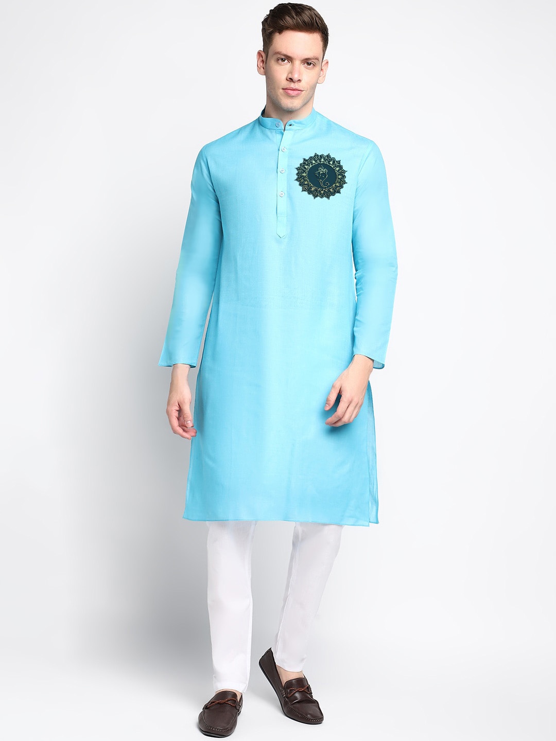 

DEVOILER Ethnic Motifs Printed Band Collar Long Sleeve Regular Kurta With Pyjama, Blue