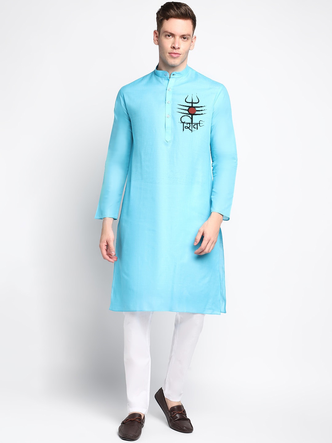 

DEVOILER Ethnic Motifs Printed Band Collar Straight Kurta With Pyjama, Blue