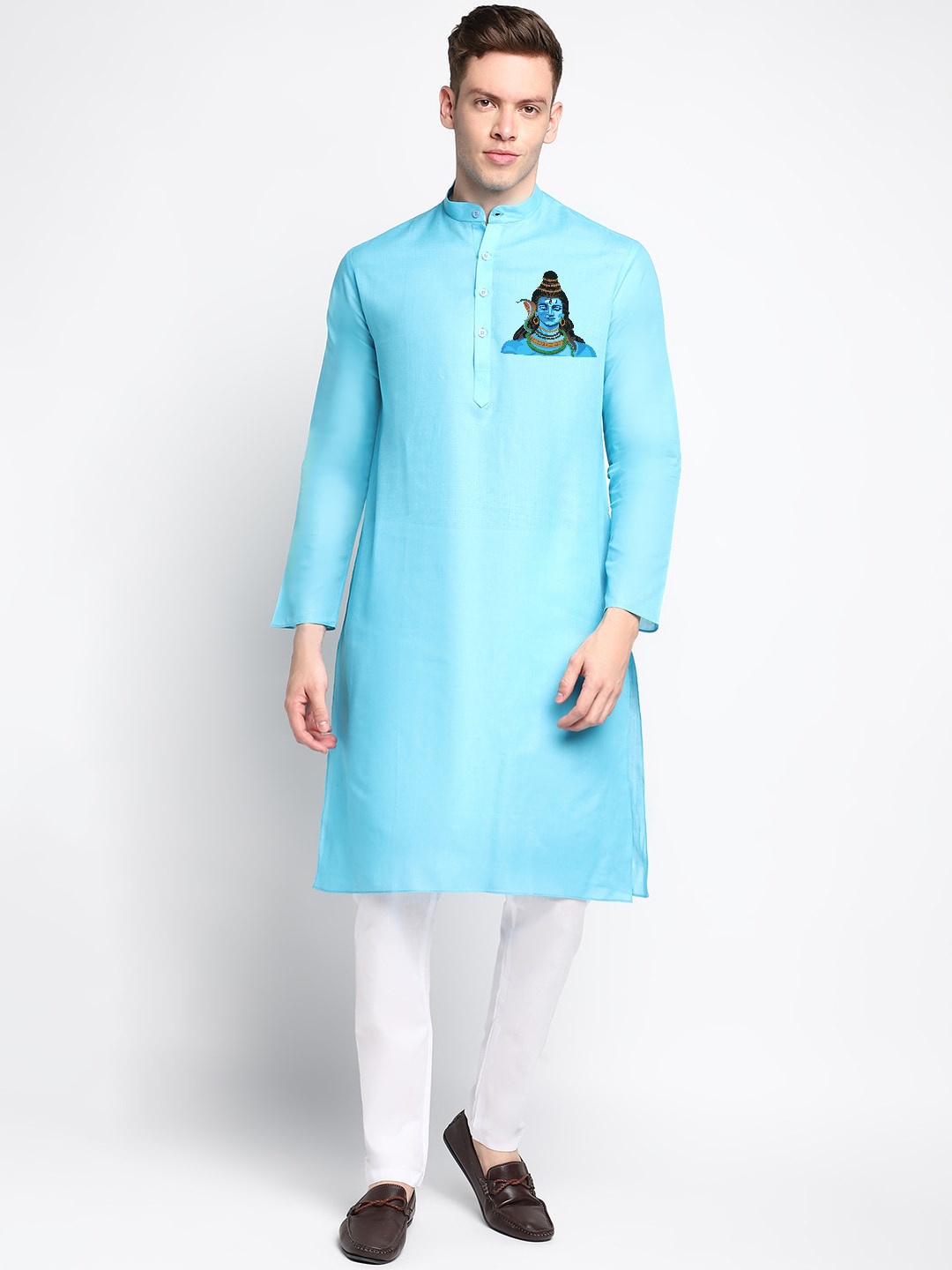 

DEVOILER Ethnic Motifs Printed Band Collar Kurta with Pyjamas, Blue