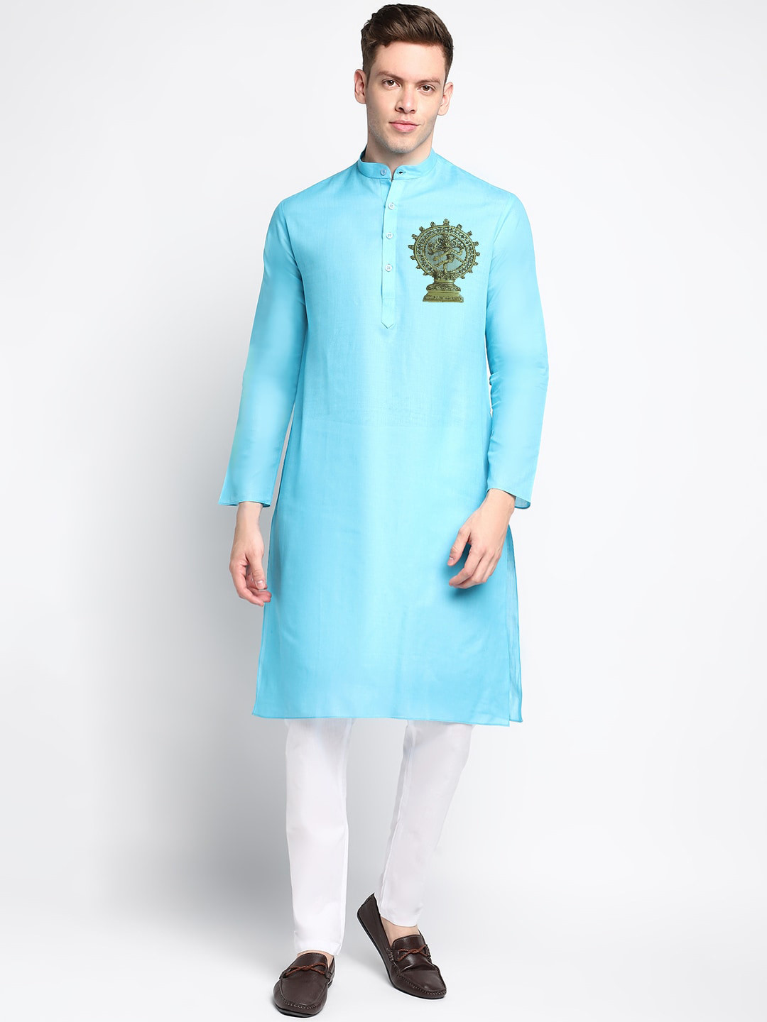 

DEVOILER Ethnic Motifs Printed Band Collar Kurta With Trousers, Blue
