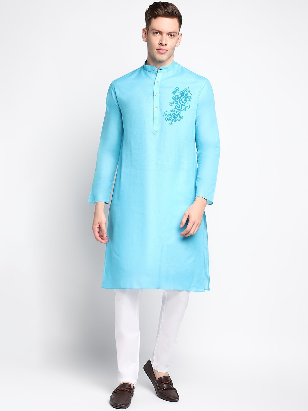 

DEVOILER Ethnic Motifs Printed Mandarin Collar Regular Kurta with Pyjamas, Blue