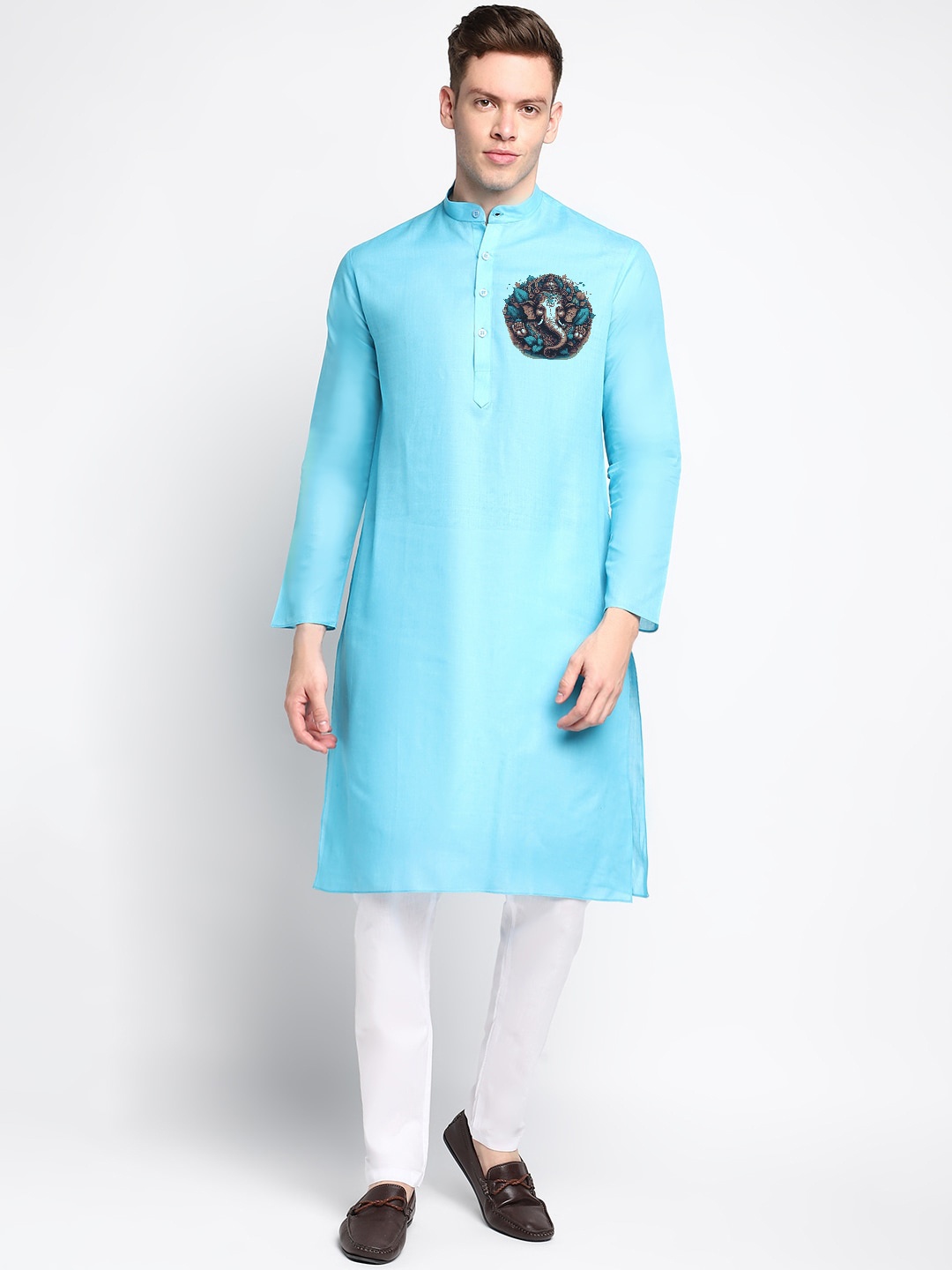 

DEVOILER Ethnic Motifs Printed Straight Band Collar Kurta with Pyjamas, Blue