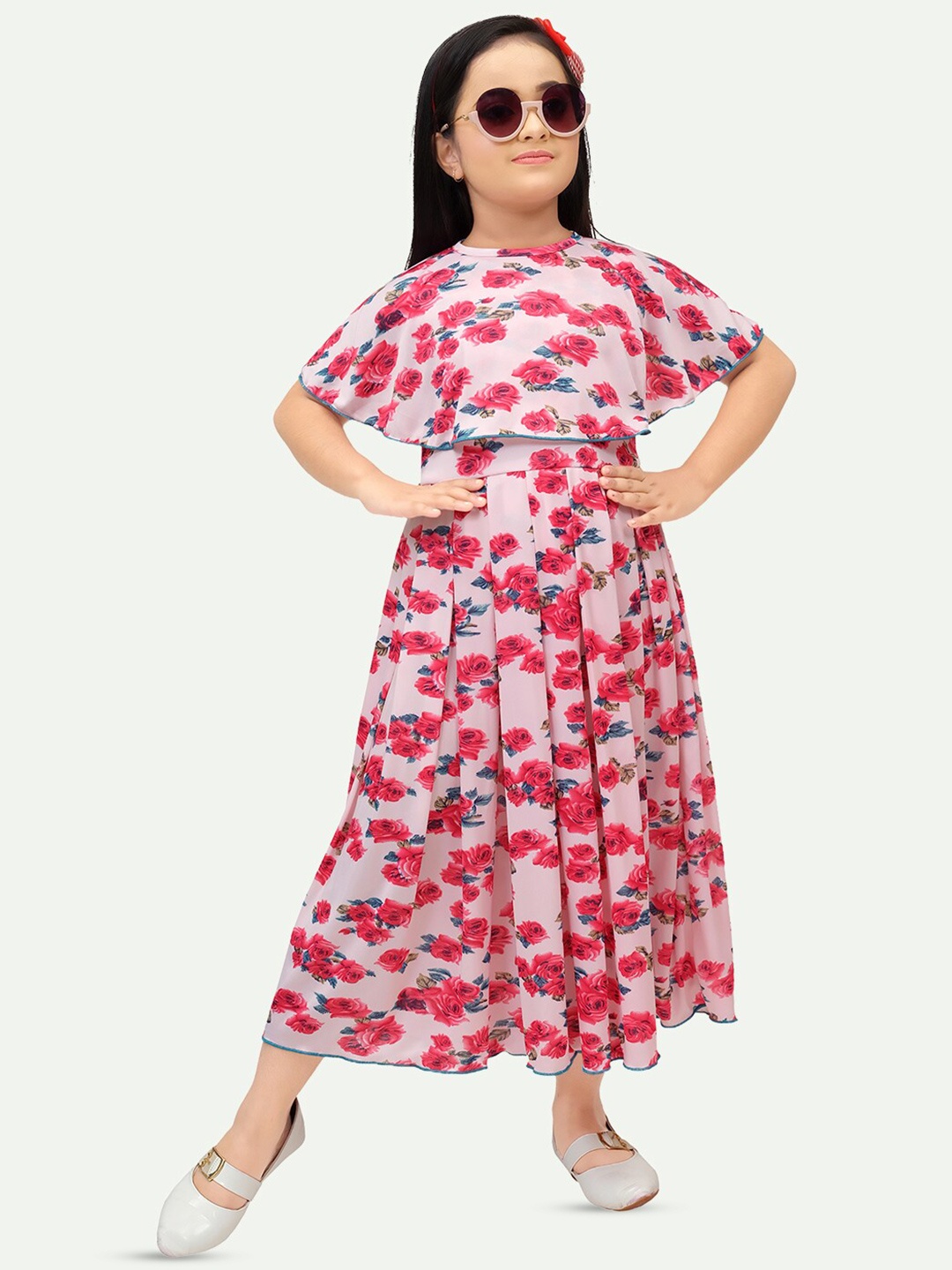 

BAESD Girls Floral Printed Cape Sleeves Pleated Detailed Cotton Fit & Flare Midi Dress, Red