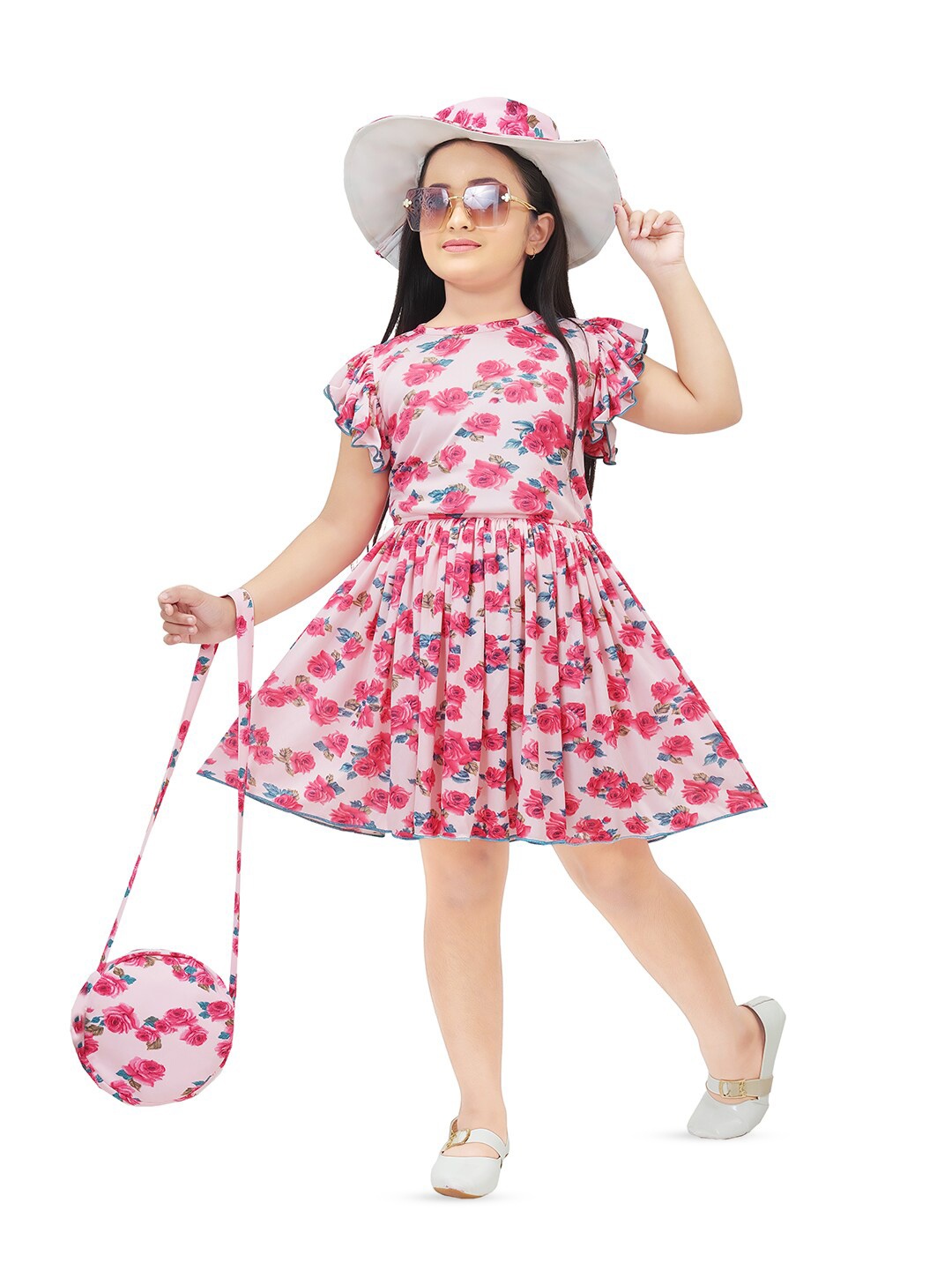 

BAESD Girls Floral Print Flutter Sleeves Cotton Fit & Flare Dress, Red