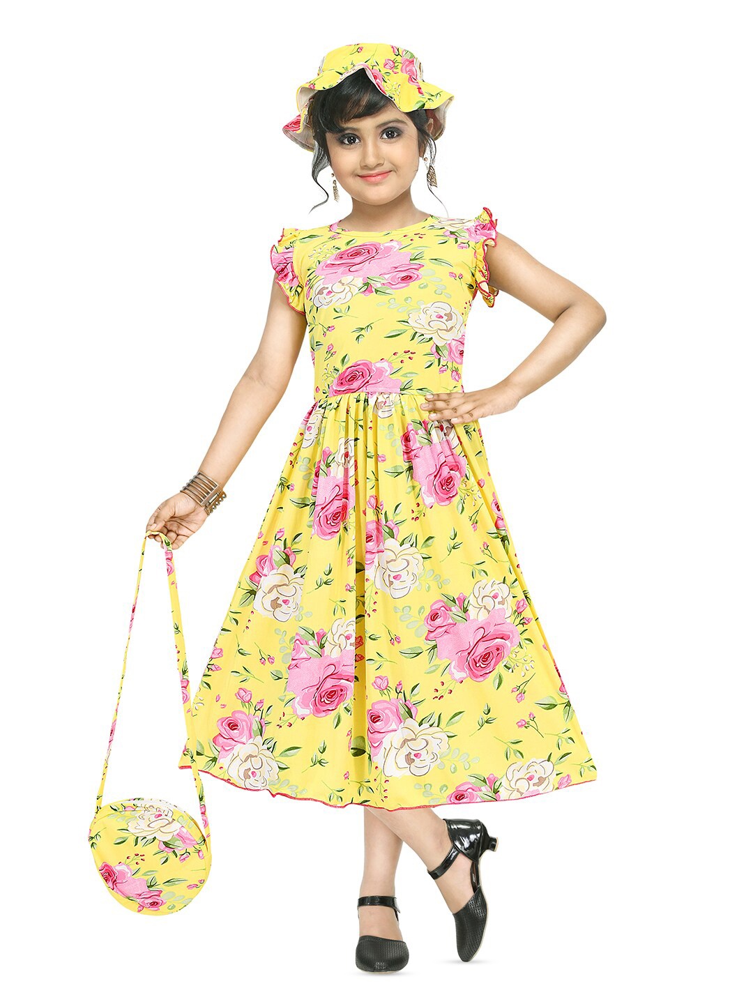 

BAESD Girls Floral Printed Flutter Sleeves Gathered Cotton Fit & Flare Midi Dress, Yellow