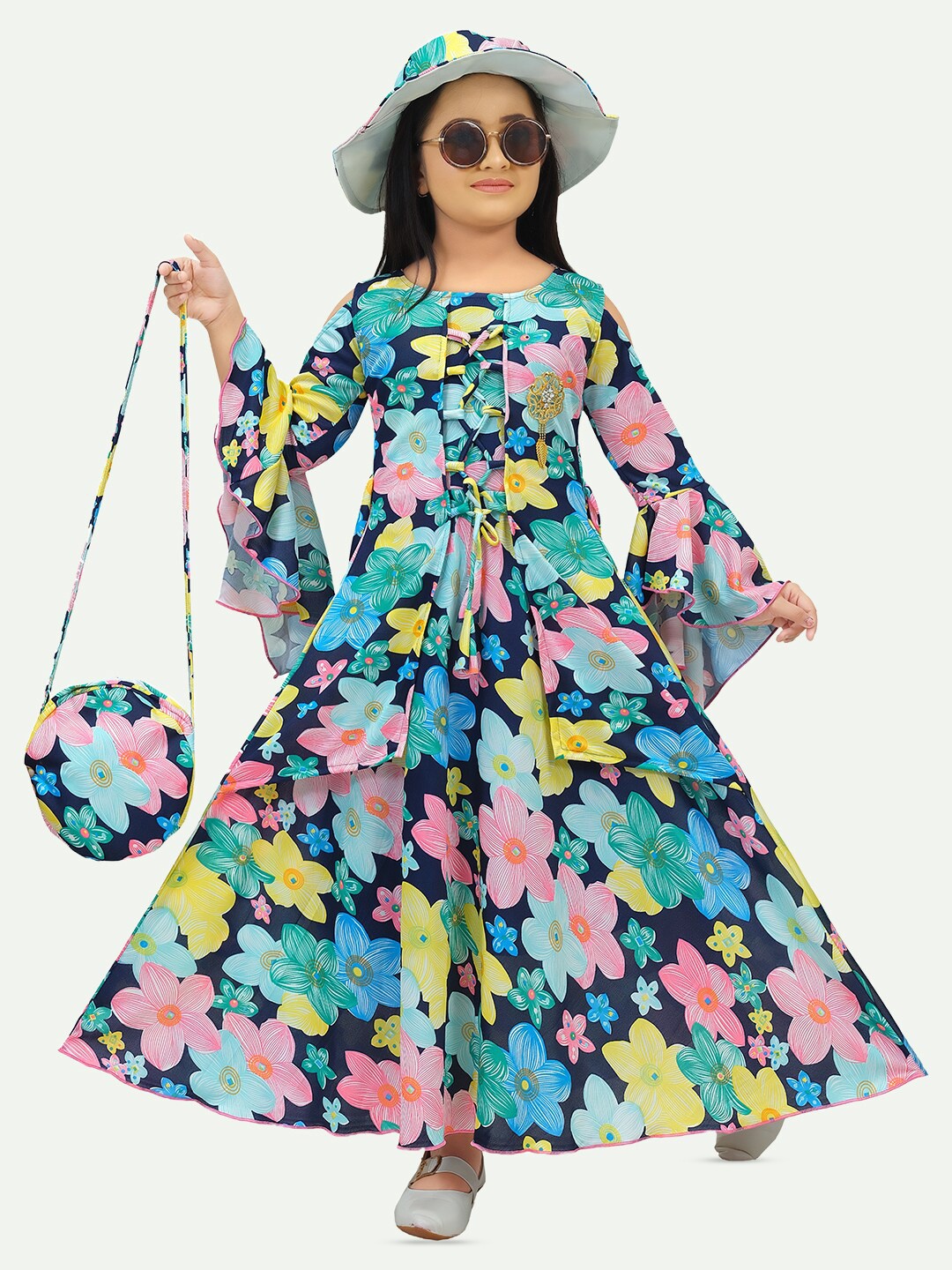 

BAESD Girls Floral Printed Bell Sleeves Cotton Maxi Dress, Green