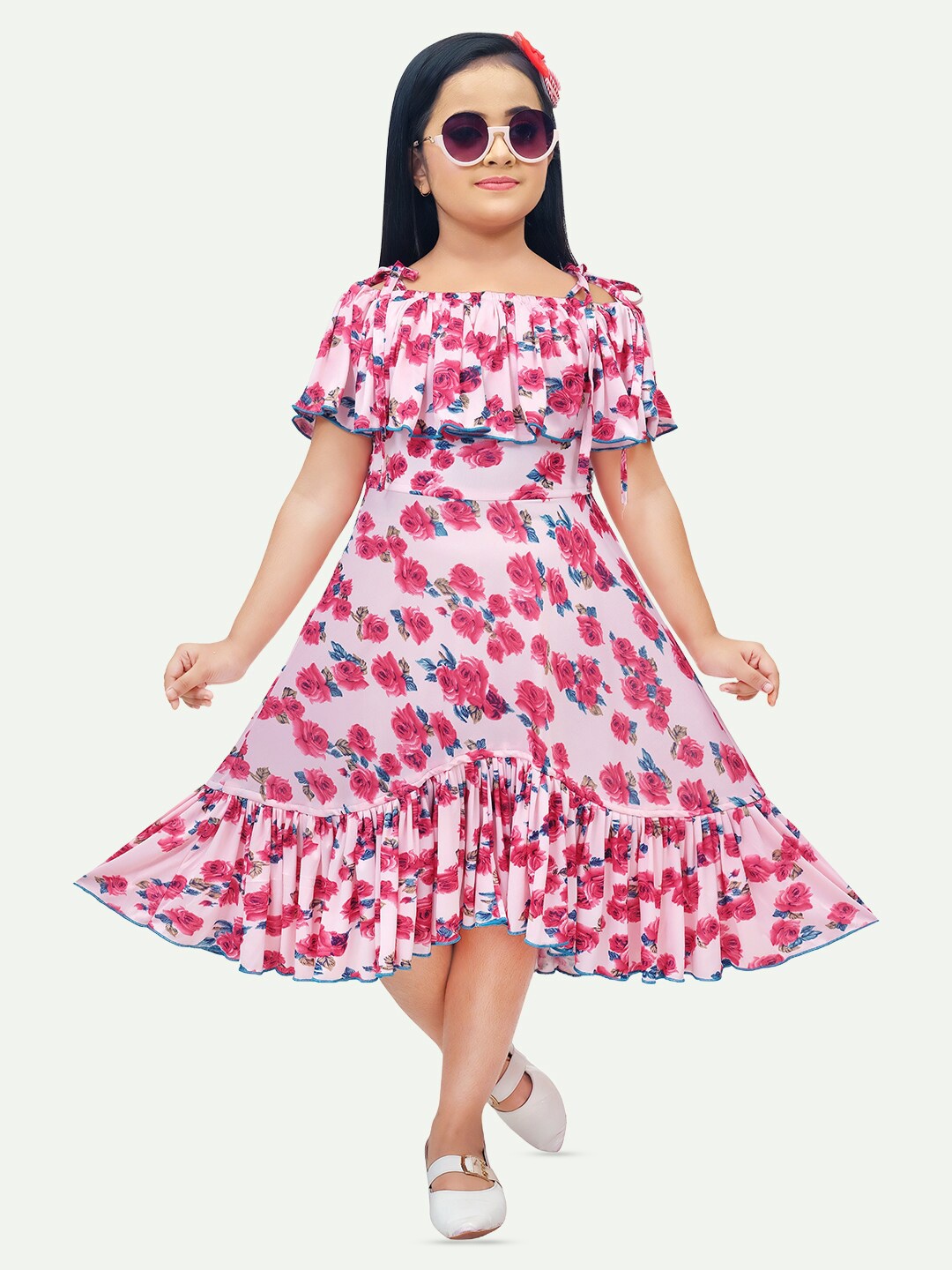 

BAESD Girls Floral Print Flared Sleeves Cotton Fit & Flare Midi Dress, Pink