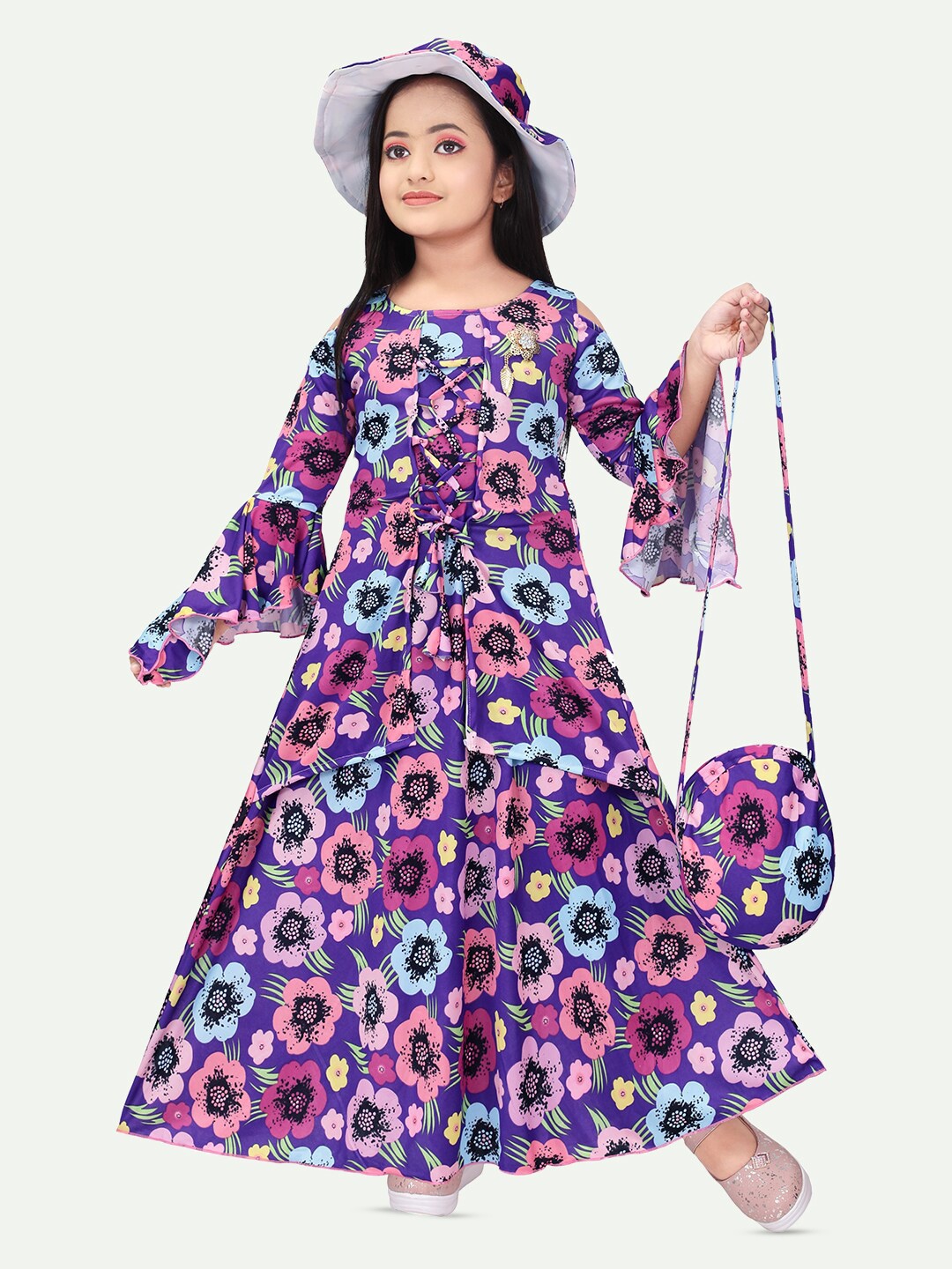 

BAESD Girls Floral Printed Bell Sleeves Tie-Ups Cotton A-Line Maxi Dress, Purple