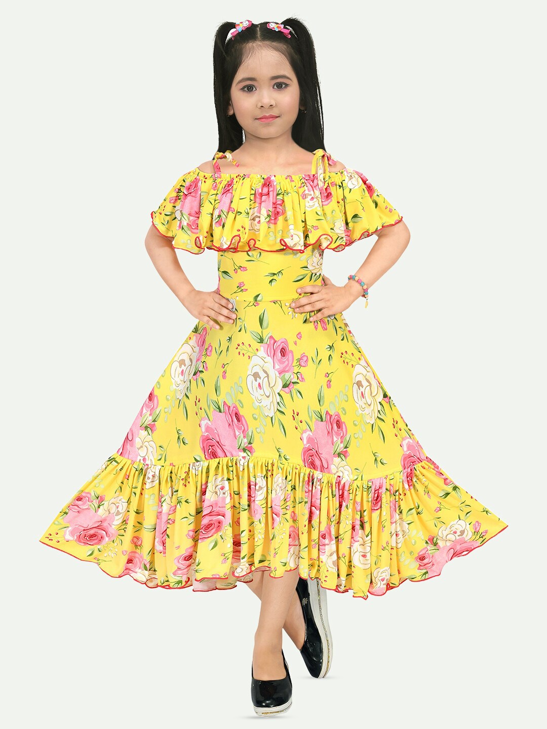 

BAESD Girls Floral Printed Off-Shoulder Ruffles Cotton Fit & Flare Midi Dress, Yellow